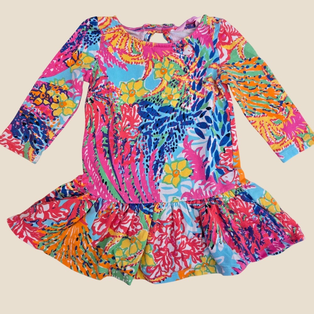 Lilly Pulitzer Girls XS 2-3 Long Sleeve Drop Waist Floral Dress Multi Color